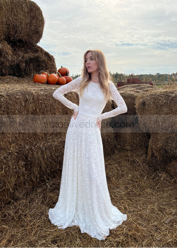 Long Sleeves Ivory Lace Unique Wedding Dress